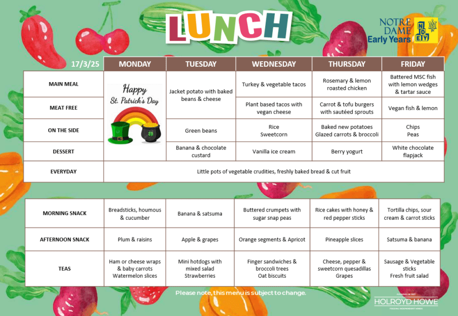 EYFS Lunch Menu March 17