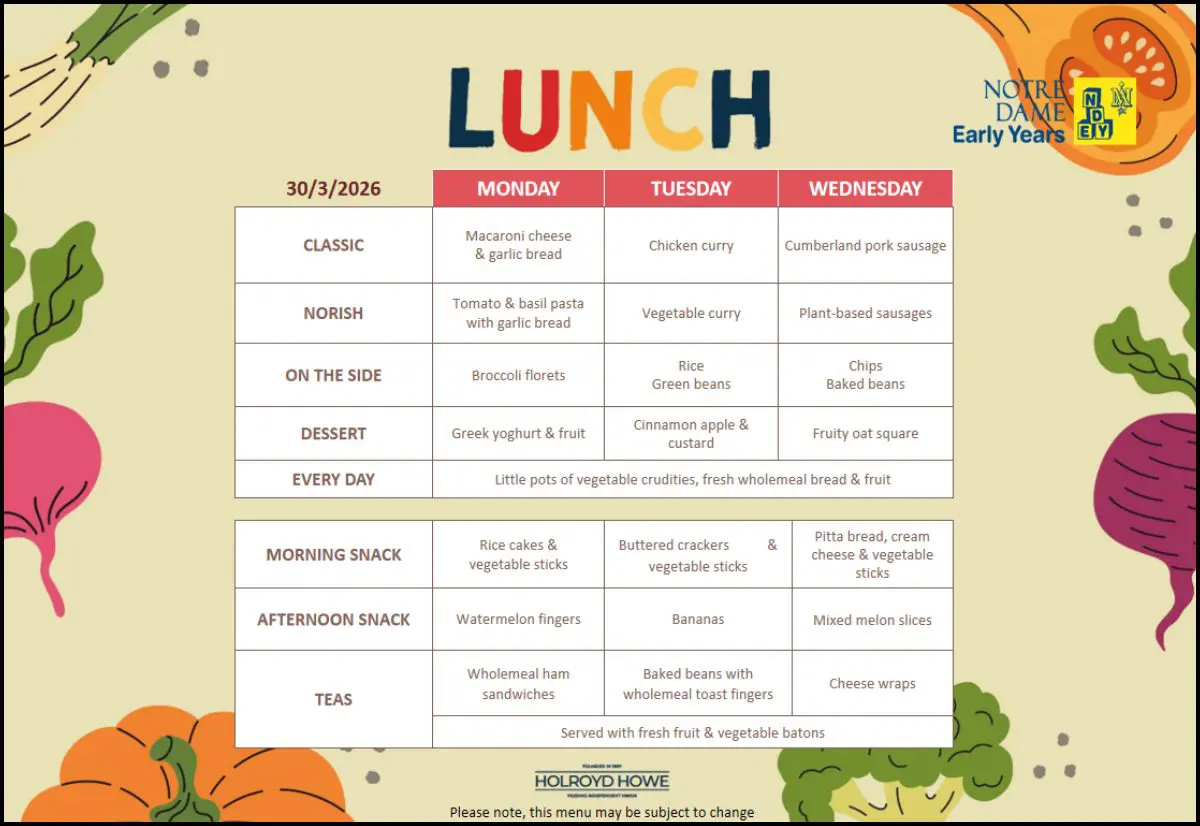 EYFS Menu March 30