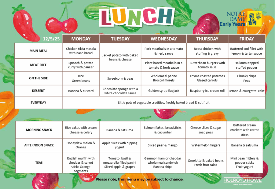 EYFS Lunch Menu May 12
