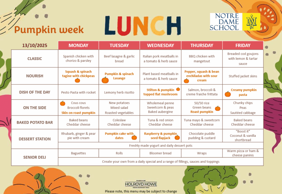 School Lunch Menu 13 Oct