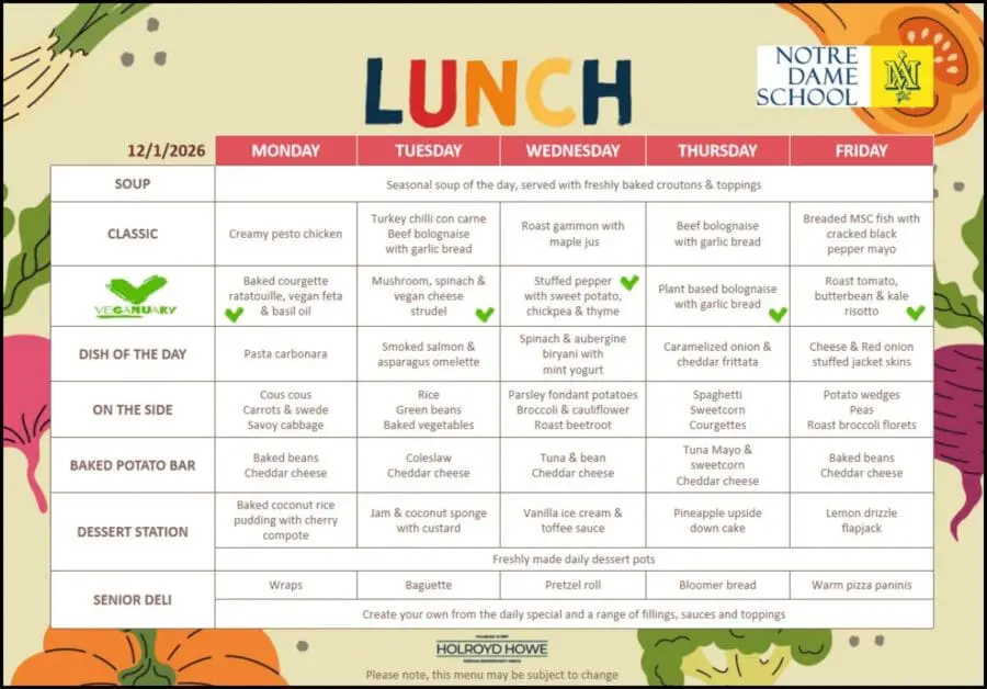 Lunch Menu Jan 12th