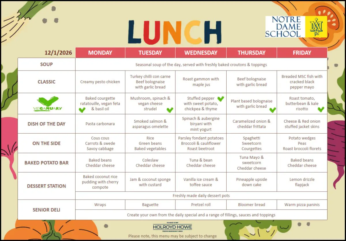 Lunch Menu Jan 12th