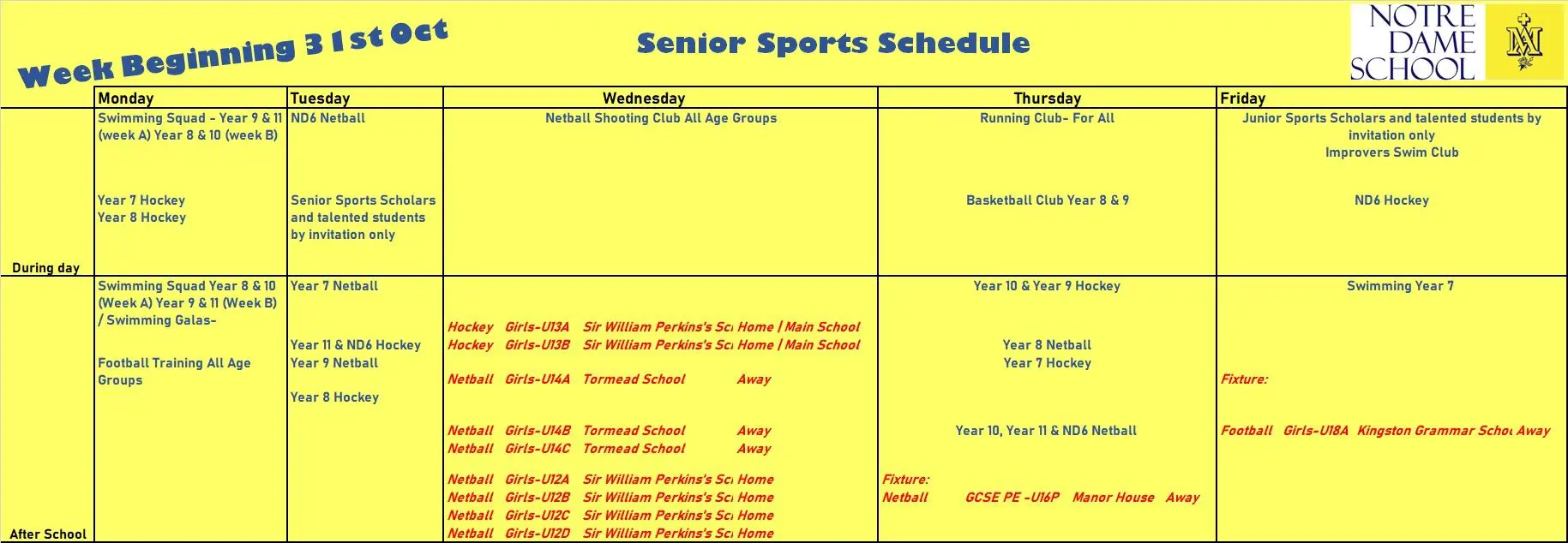 Senior Sports Schedule Oct 31st