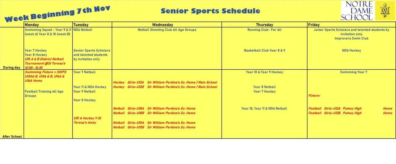 Upcoming Senior Fixtures Nov 7th