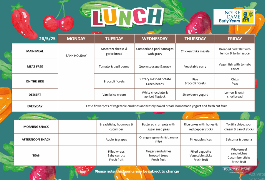 EYFS Menu May 26th